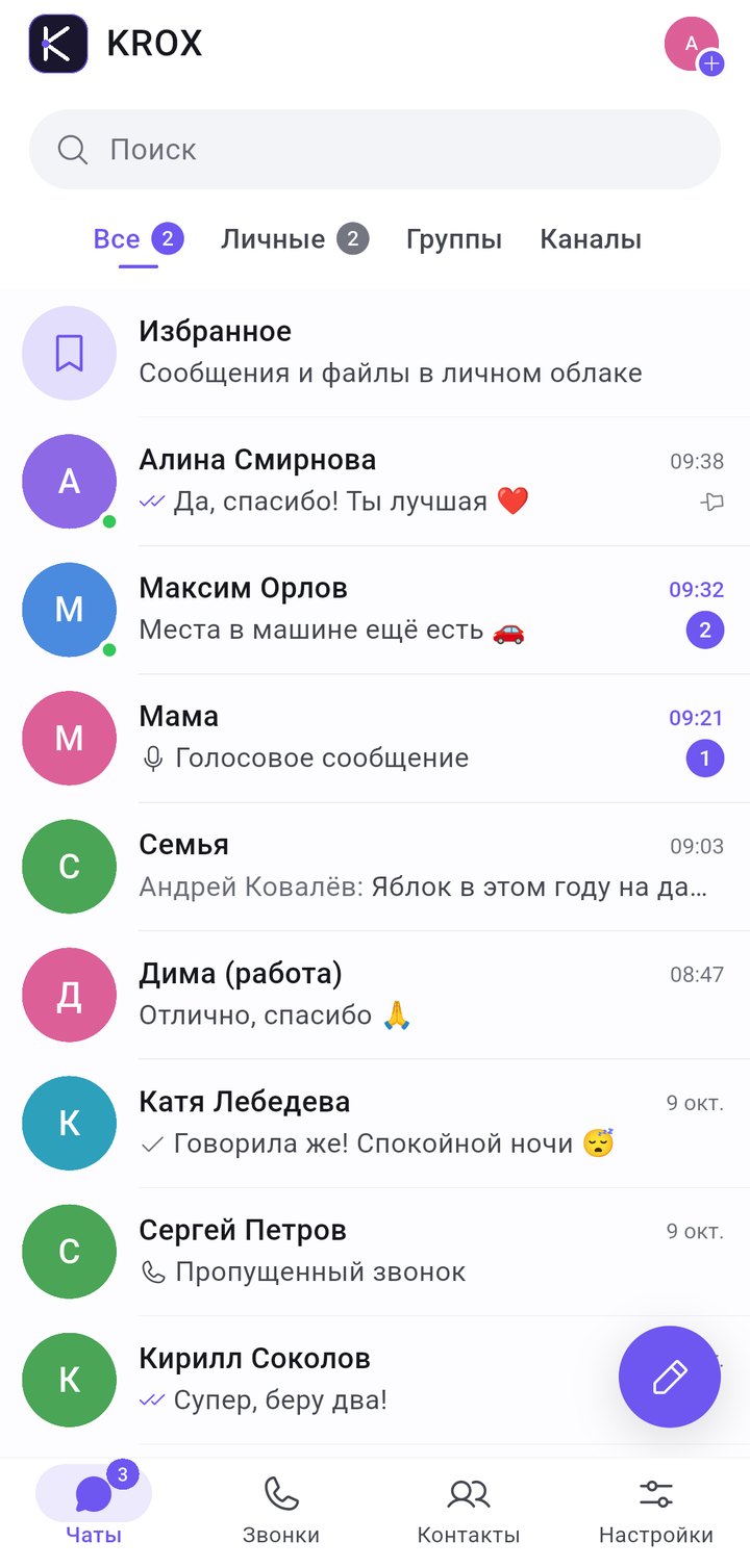 Список чатов: закреплённый чат, непрочитанные сообщения, группы и звонки